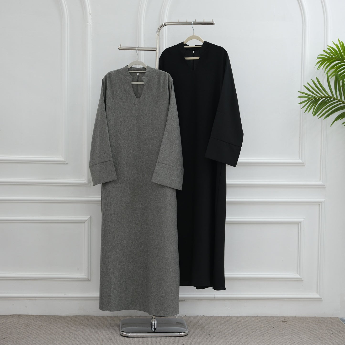 MH93 Plain Abaya Maxi Dress with Pockets – Opaque Wide Cuffs & V-Notch