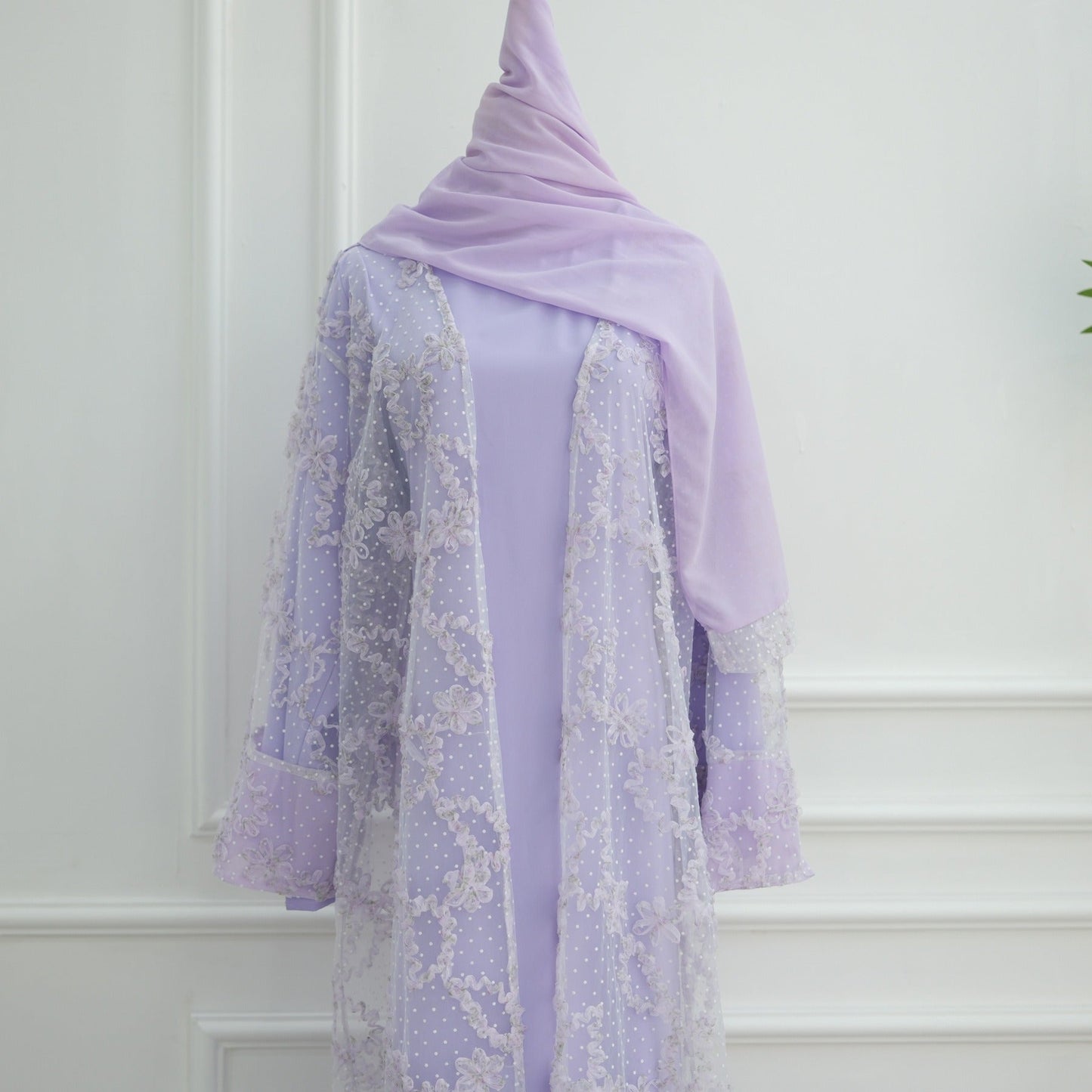 MH135 3D Floral Mesh Cardigan Abaya Set with Hijab – Elegant Modest Open Front Dress for Muslim Women