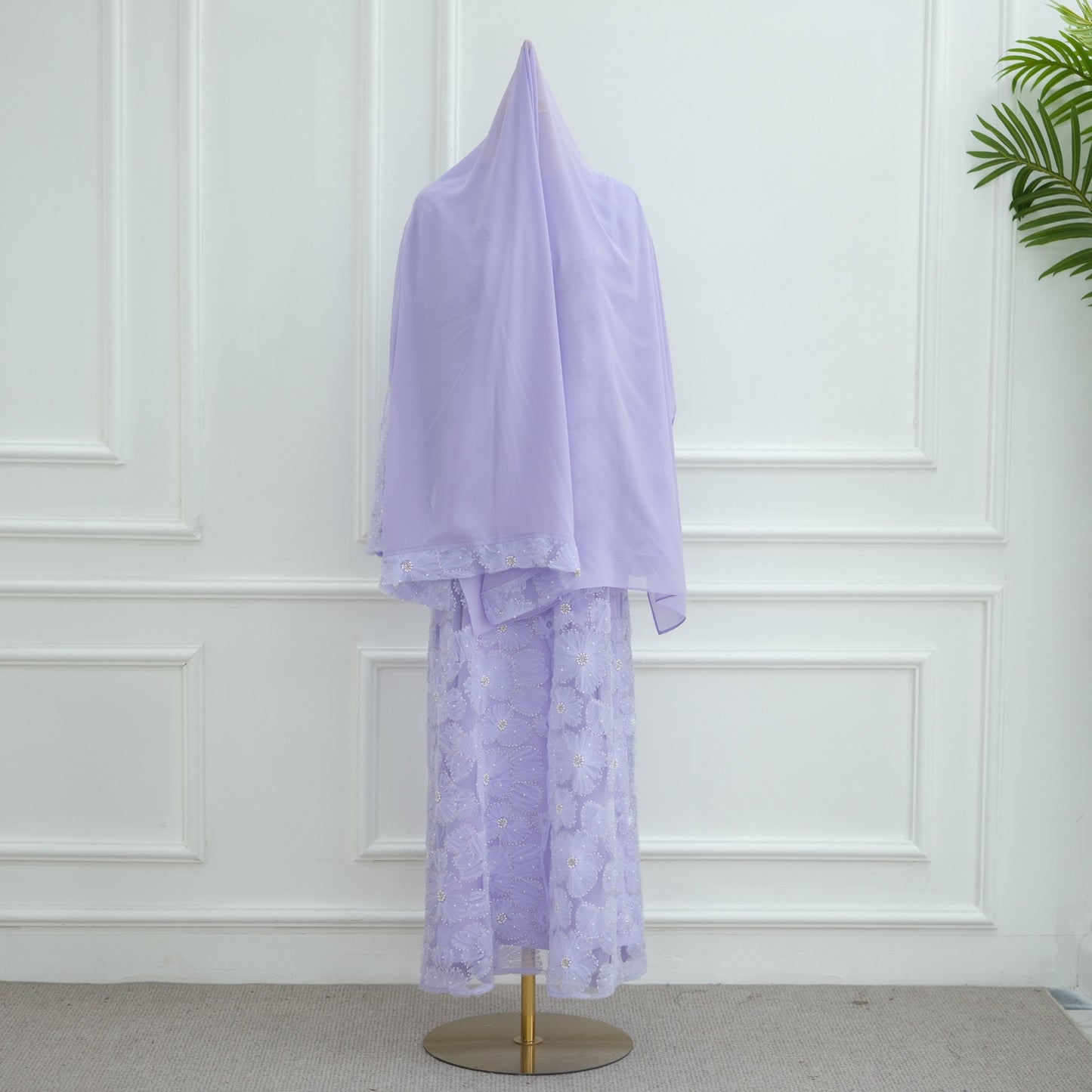 MH90 Beaded Lace Abaya Set – Embroidered Open Abaya, Optional Hijab & Inner Dress