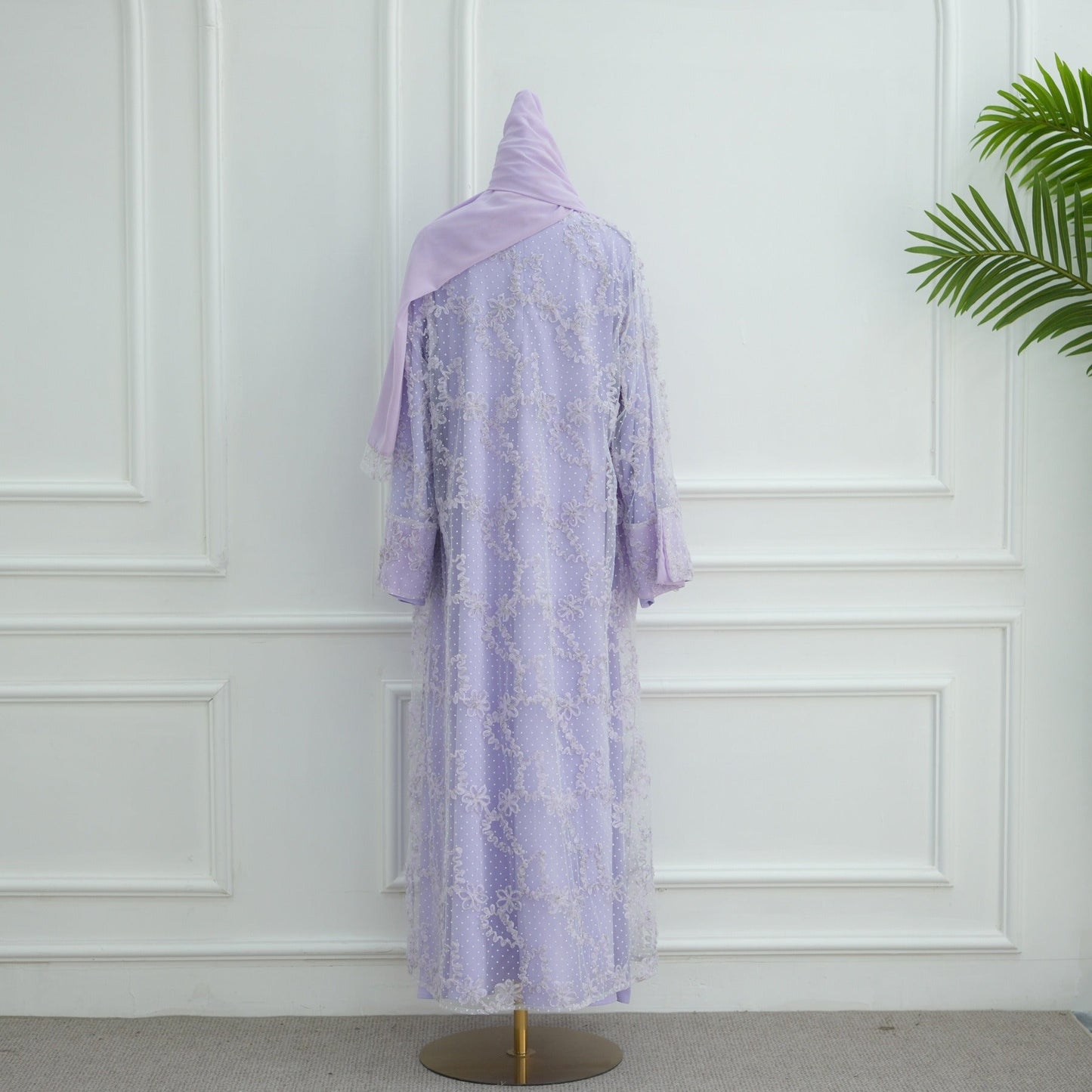 MH135 3D Floral Mesh Cardigan Abaya Set with Hijab – Elegant Modest Open Front Dress for Muslim Women