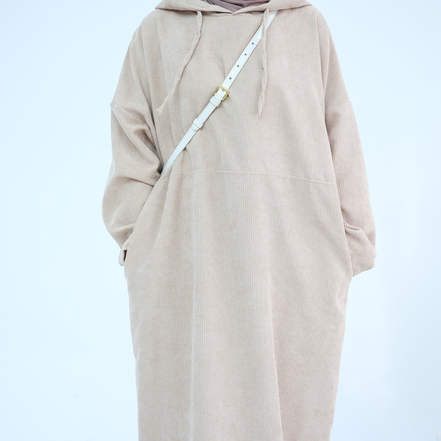 MH95 Corduroy Hooded Abaya with Pockets – Winter Casual Maxi Dress