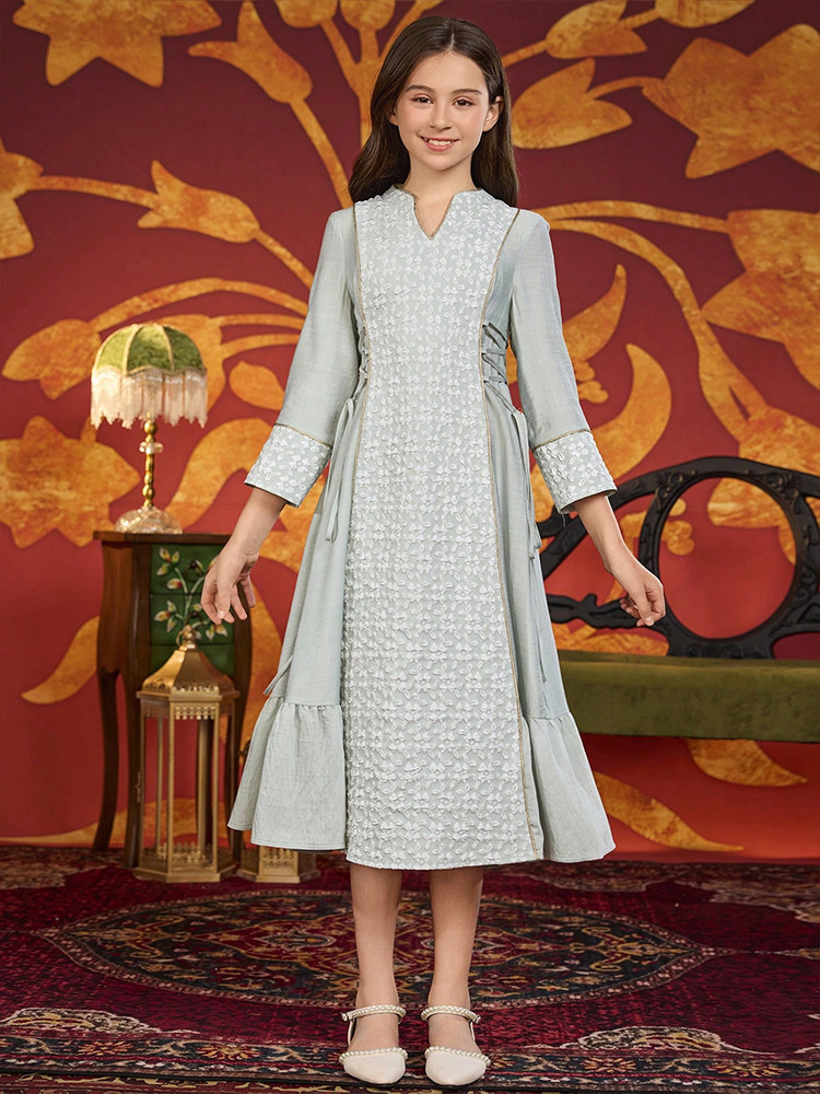 MH140 Girls Jacquard Ethnic Style Dress – Loose Modest Casual Dress for Girls Ages 8–12