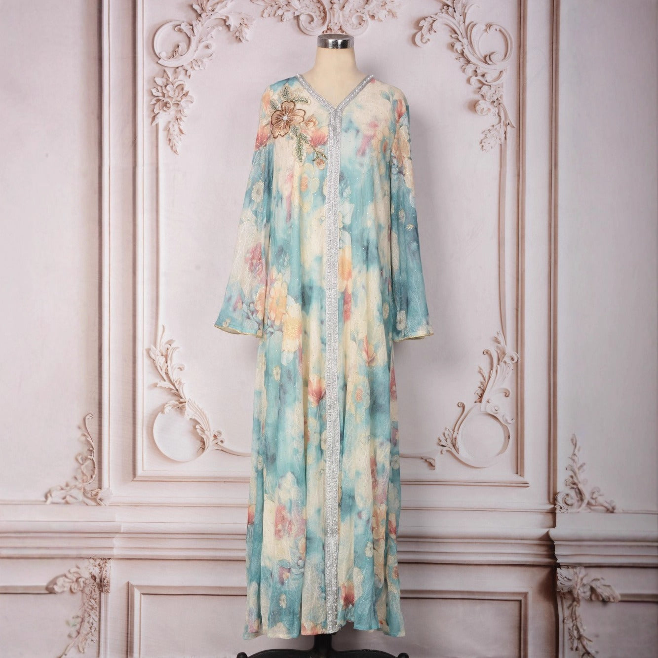 MH131 Luxury Floral Print Beaded Abaya Dress – Elegant Modest Eid Maxi Kaftan for Muslim Women