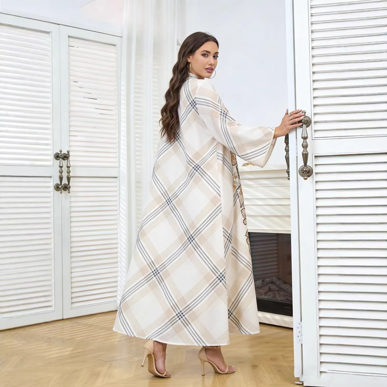MH128 Plaid Sequin Embroidered Abaya Dress – Elegant Modest Party Maxi for Muslim Women
