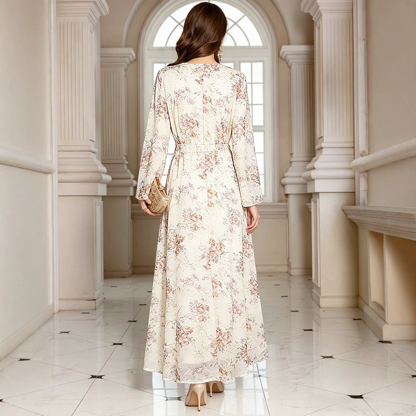 MH124 Floral Lace Modest Maxi Dress for Muslim Women – Elegant Long Sleeve Eid Dress