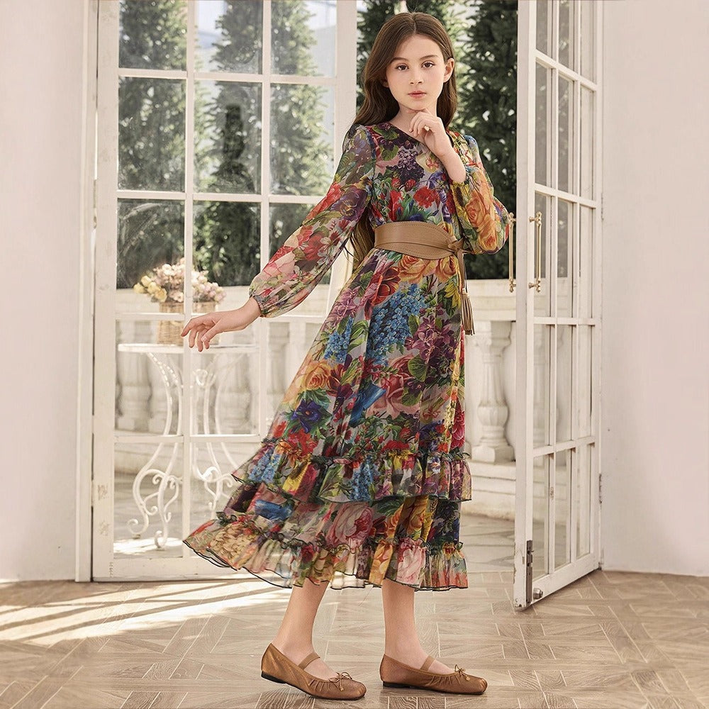MH136 Girls Floral Print Chiffon Maxi Dress – Lantern Sleeve Modest Dress for Girls Ages 8–12