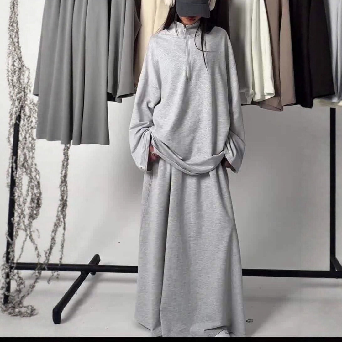 MH126 Modest Half-Zip Top and Maxi Skirt Set – Loose Casual Two Piece Outfit