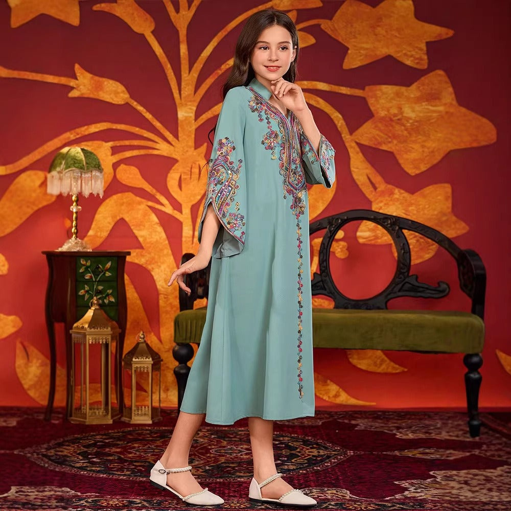 MH139 Girls Embroidered Maxi Robe Dress – Flare Sleeve Modest Eid Dress for Girls Ages 8–12