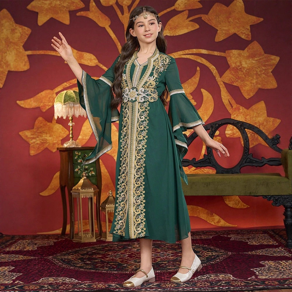 MH141 Girls Chiffon Maxi Dress with Flare Sleeves – Modest Festival Dress for Girls Ages 8–12