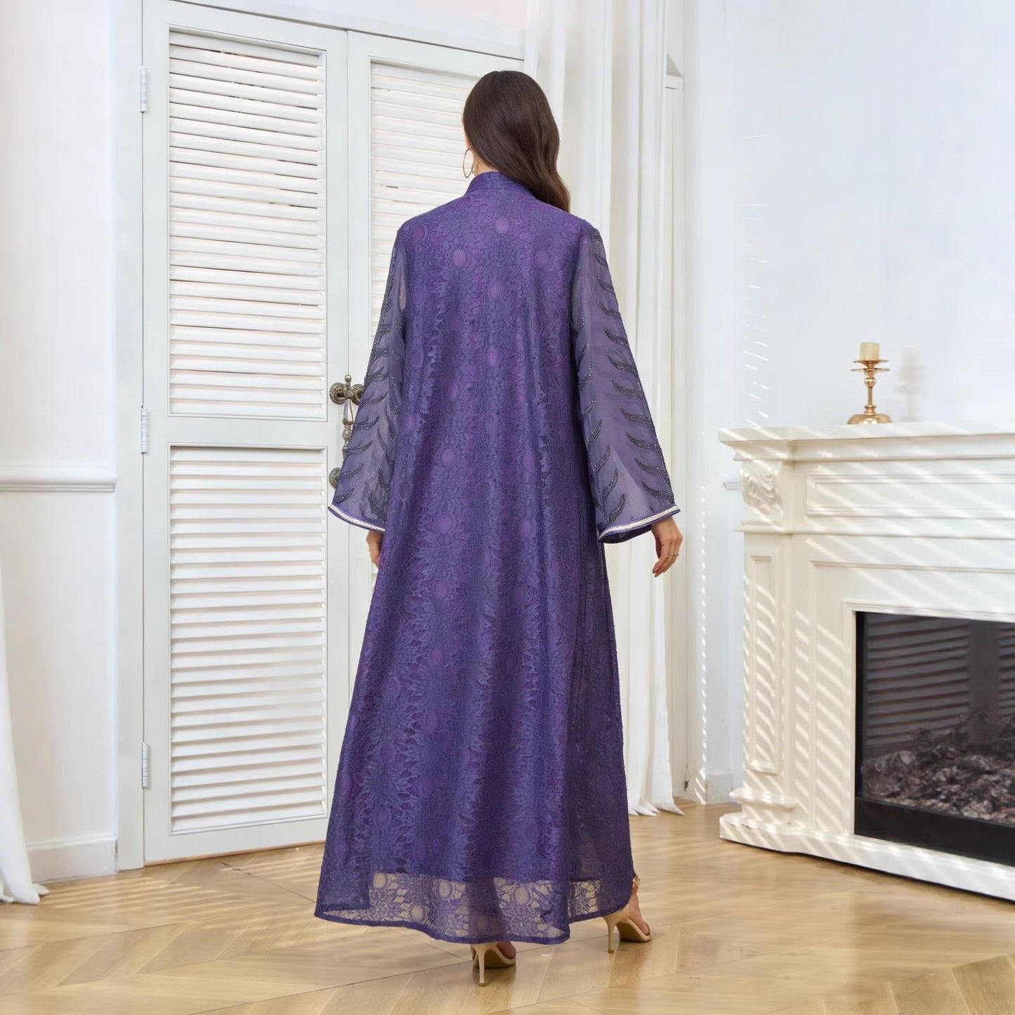 MH129 Beaded Embroidered Abaya Set – Elegant Mesh Modest Eid Dress for Muslim Women