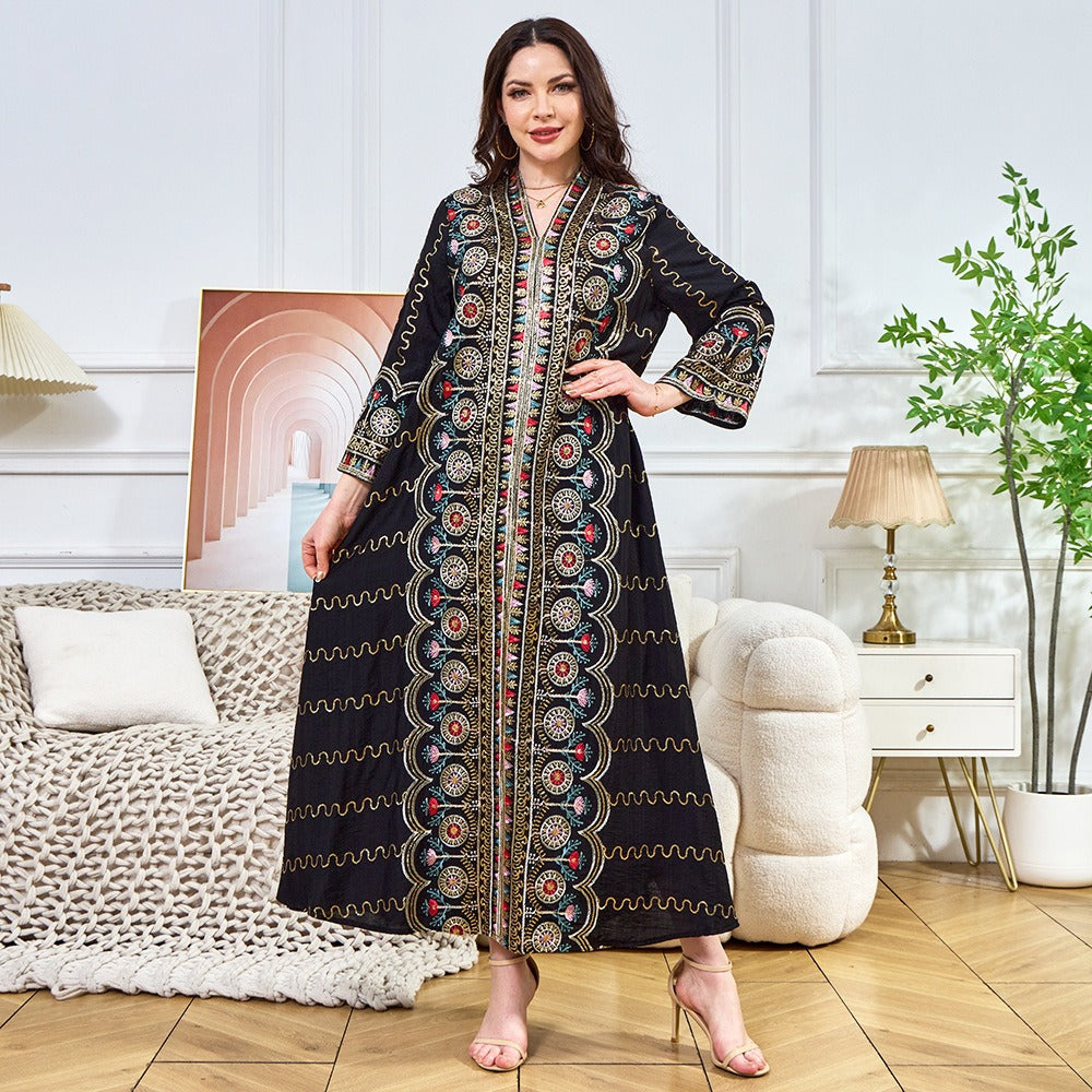 MH132 Sequin Embroidered Abaya Dress – Elegant V Neck Modest Maxi Kaftan for Muslim Women
