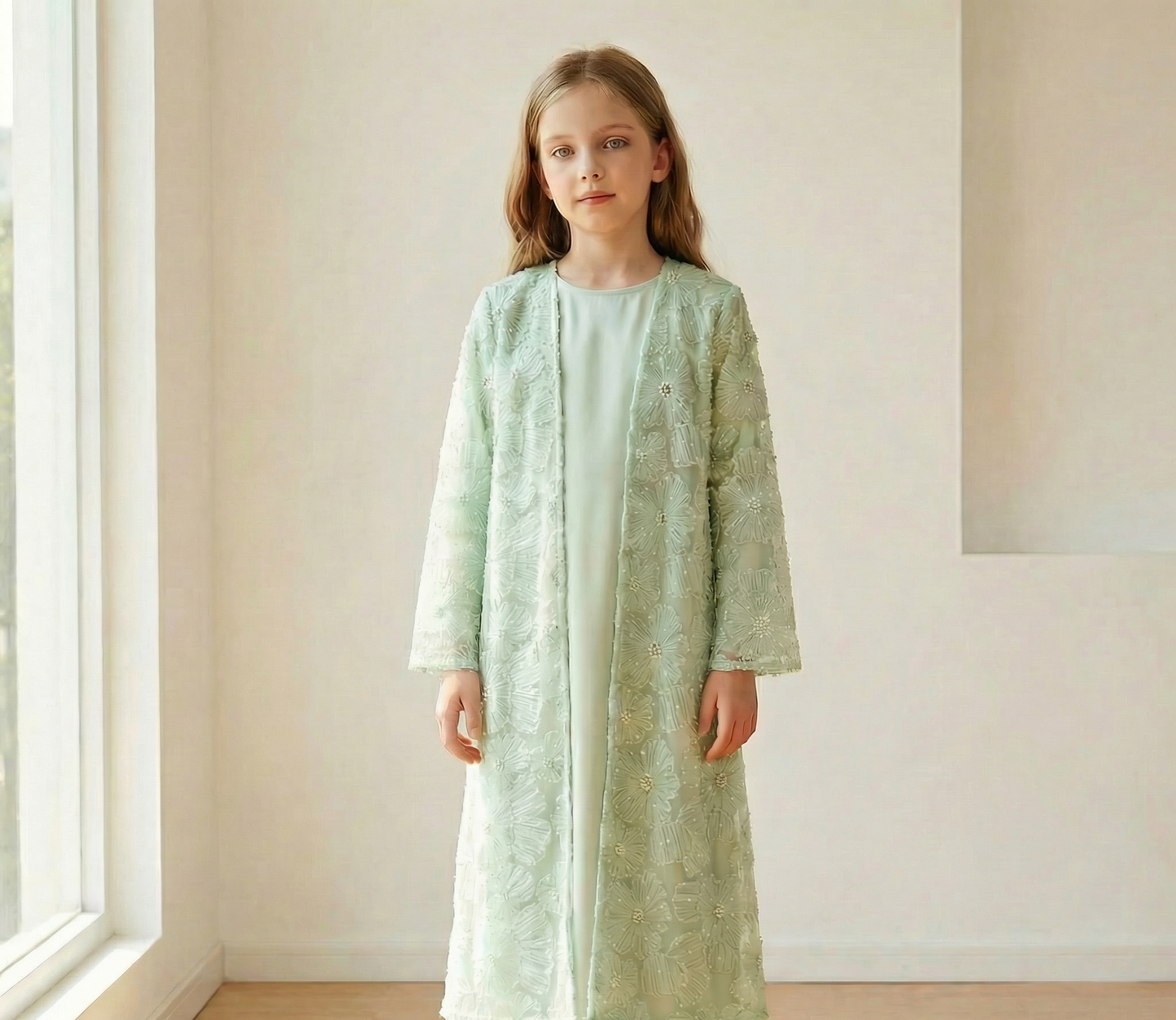 MH122 | Girls 2-Piece Mesh Flower Bead Jacket & Satin Dress Set | Ages 7–14