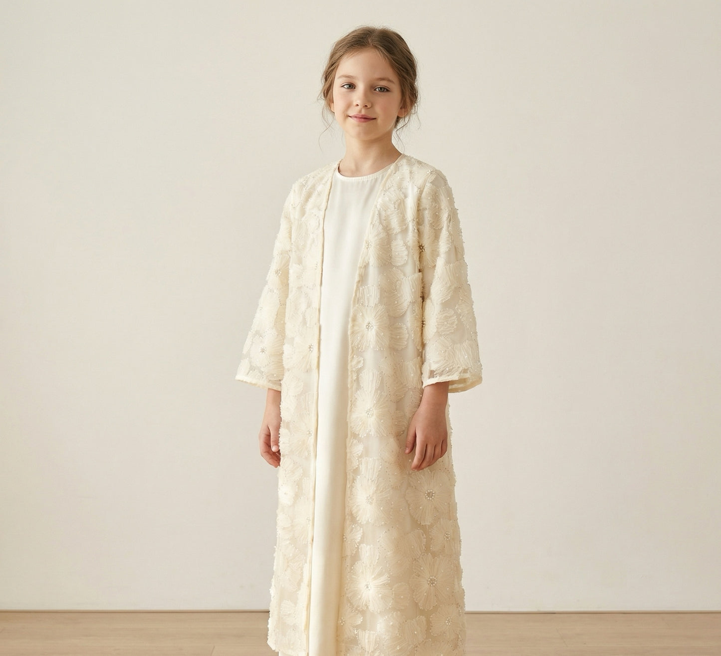 MH122 | Girls 2-Piece Mesh Flower Bead Jacket & Satin Dress Set | Ages 7–14