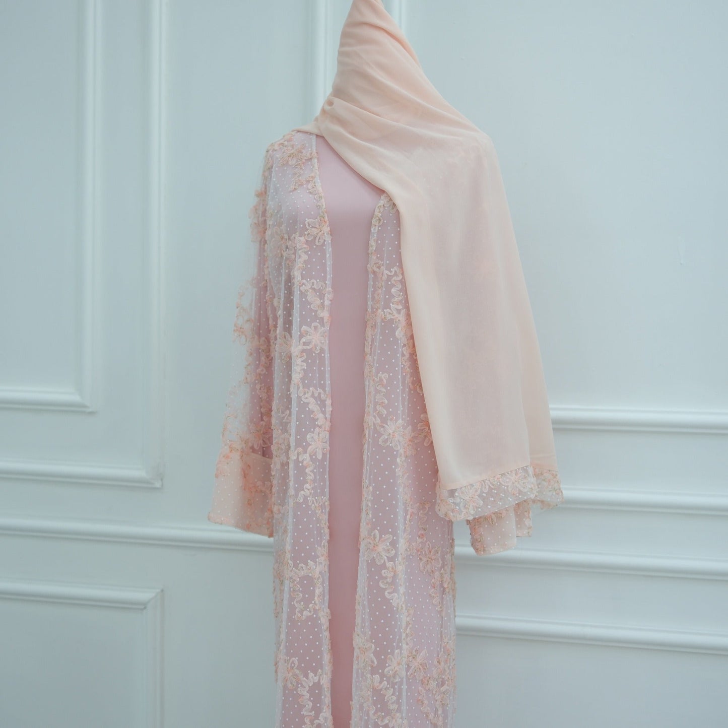MH135 3D Floral Mesh Cardigan Abaya Set with Hijab – Elegant Modest Open Front Dress for Muslim Women