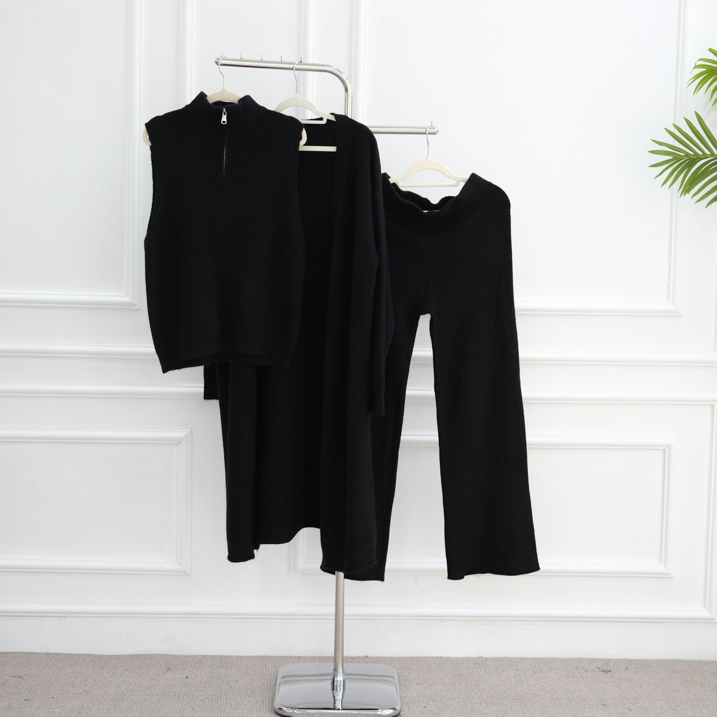 MH73 Muslim Women Winter Knit Abaya Set – 3-Piece Cardigan, Vest & Pants