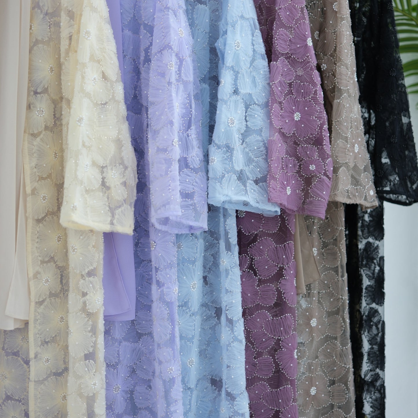 MH90 Beaded Lace Abaya Set – Embroidered Open Abaya, Optional Hijab & Inner Dress