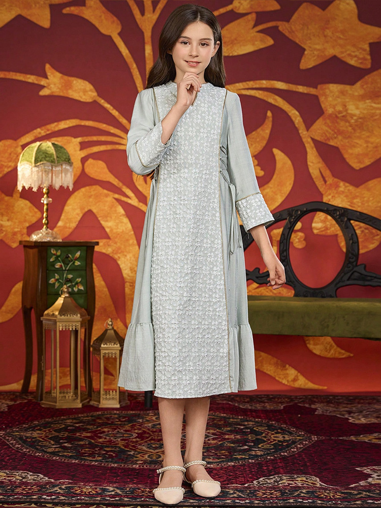 MH140 Girls Jacquard Ethnic Style Dress – Loose Modest Casual Dress for Girls Ages 8–12