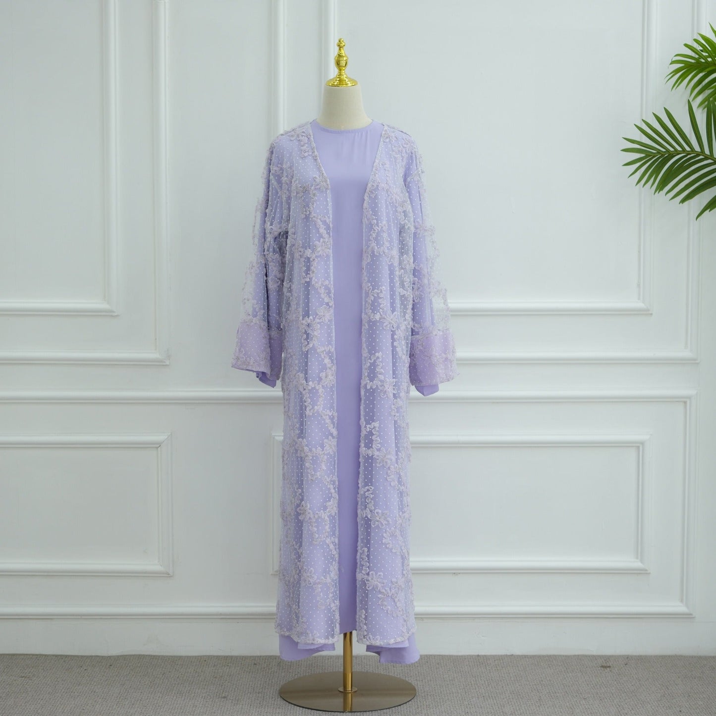 MH135 3D Floral Mesh Cardigan Abaya Set with Hijab – Elegant Modest Open Front Dress for Muslim Women