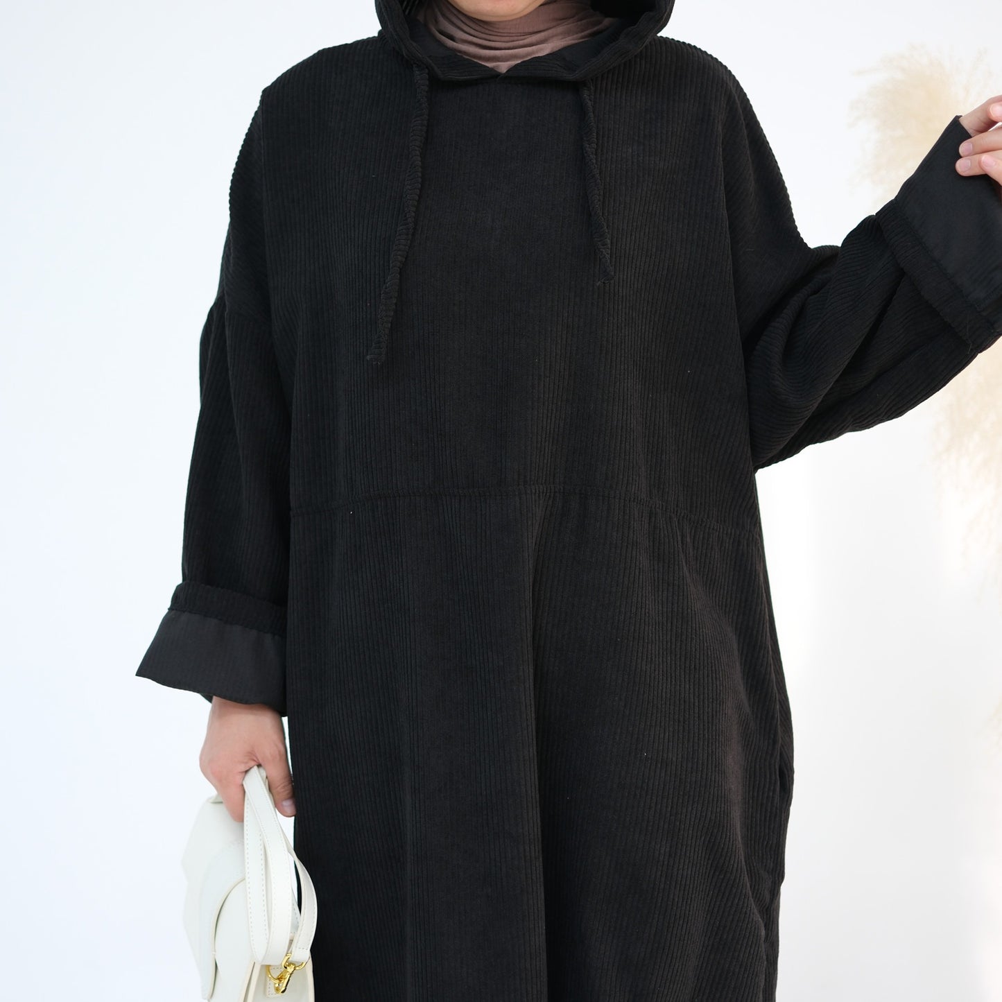 MH95 Corduroy Hooded Abaya with Pockets – Winter Casual Maxi Dress