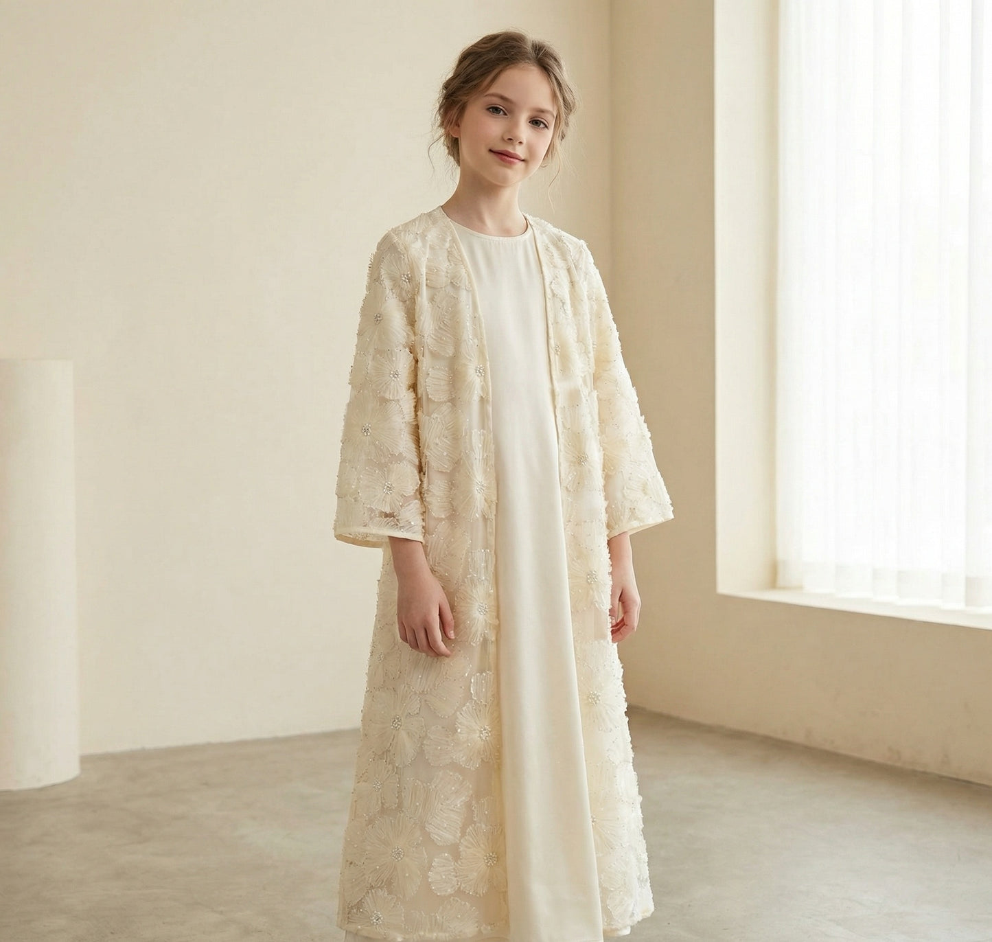 MH122 | Girls 2-Piece Mesh Flower Bead Jacket & Satin Dress Set | Ages 7–14