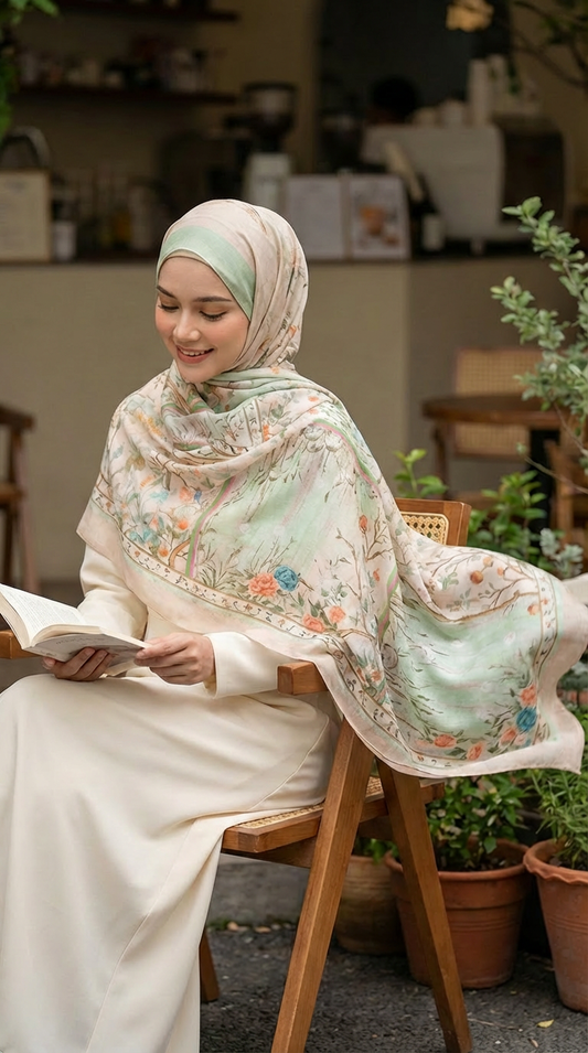 Spring Green Branches Mulberry Silk Scarf - Luxury Print Shawl | Premium Gift