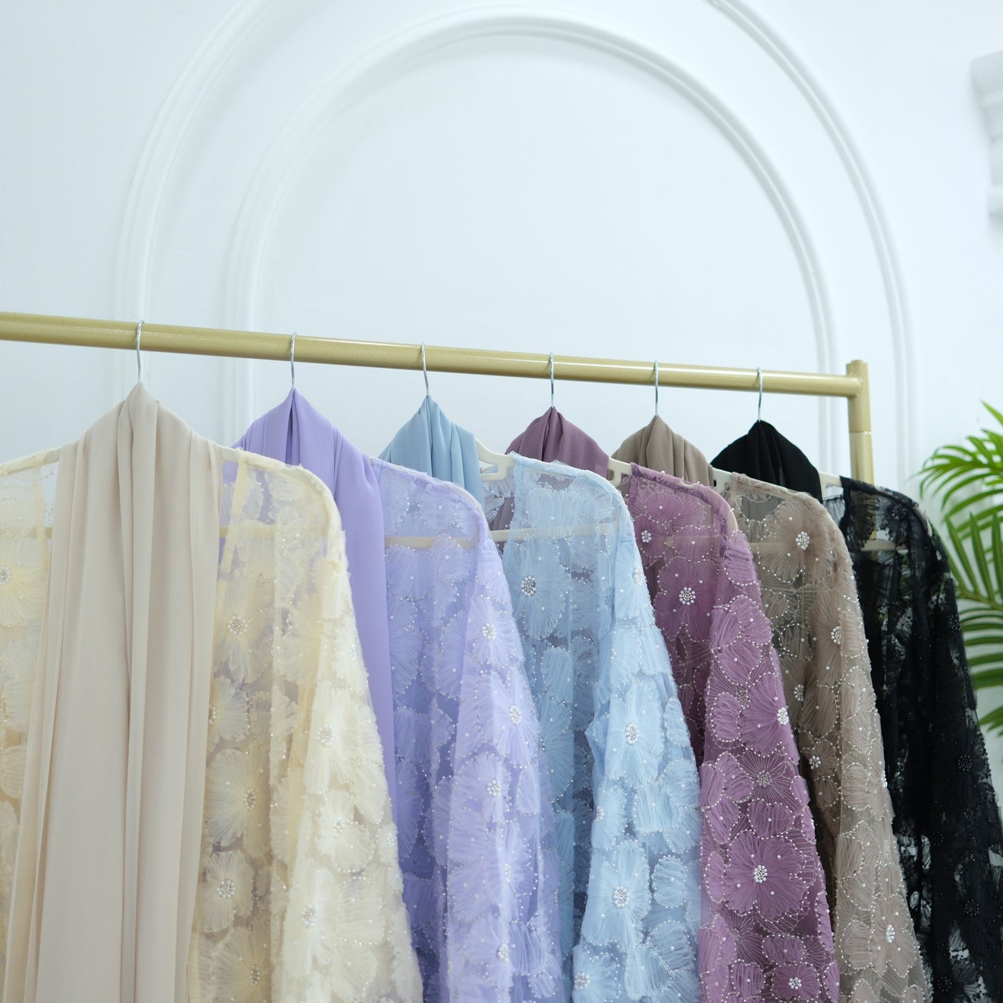 MH90 Beaded Lace Abaya Set – Embroidered Open Abaya, Optional Hijab & Inner Dress