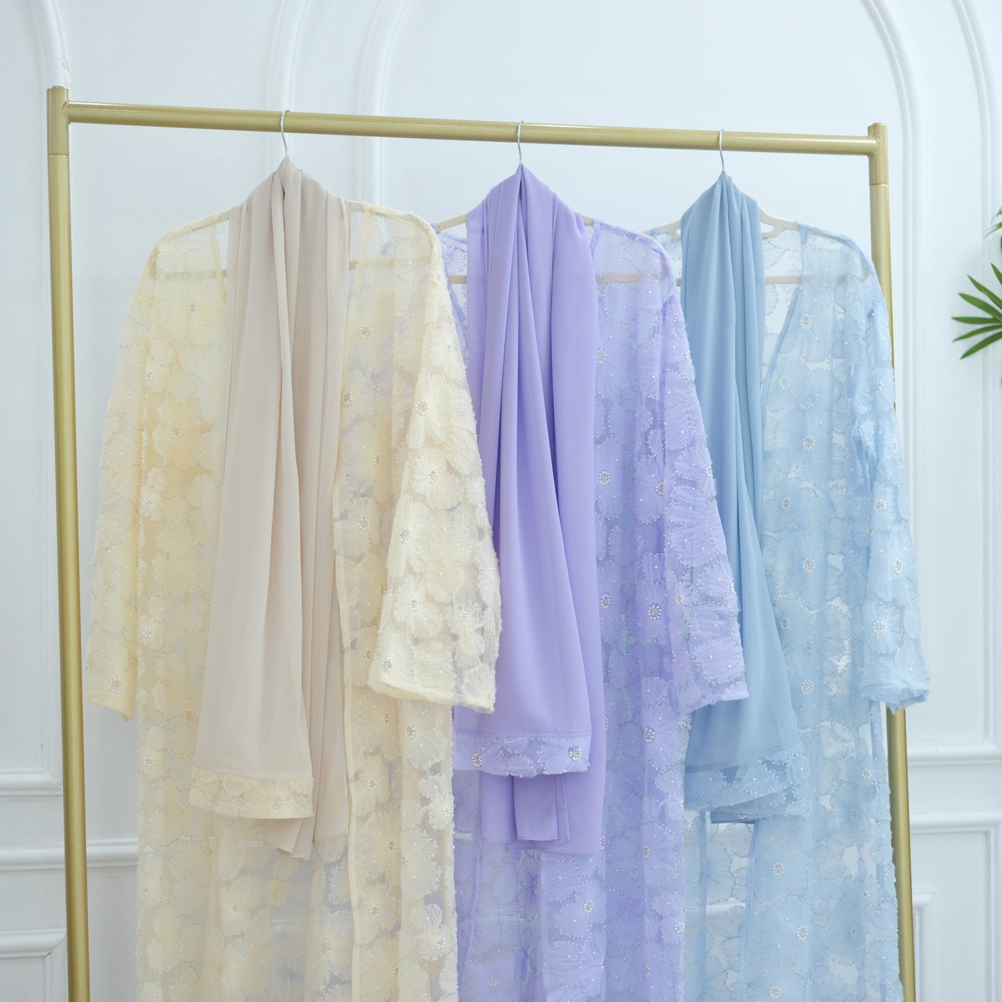 MH90 Beaded Lace Abaya Set – Embroidered Open Abaya, Optional Hijab & Inner Dress