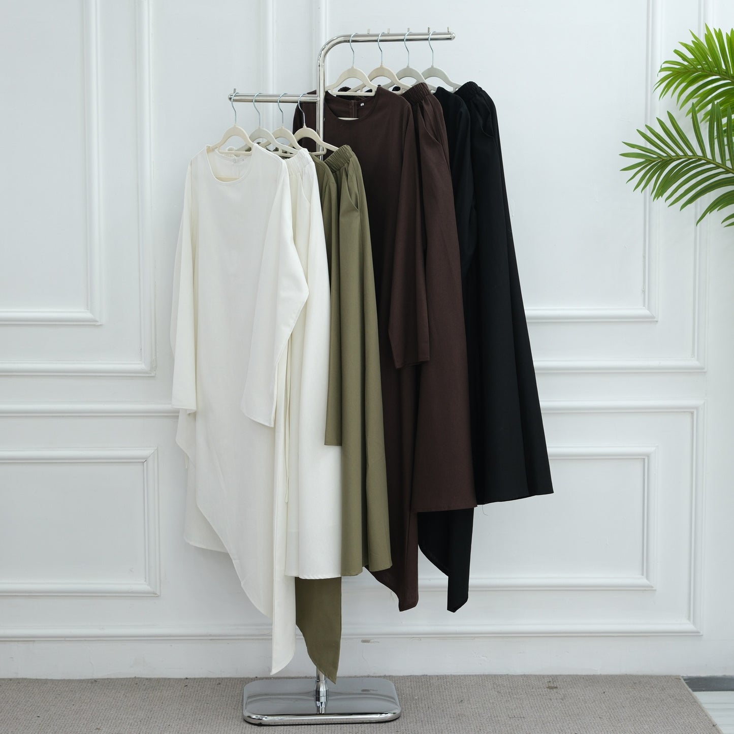 MH87 Modest Cotton-Linen Two-Piece Set – Asymmetric Drape Top & Maxi Skirt | Muslim Women Outfit for Eid & Daily Wear