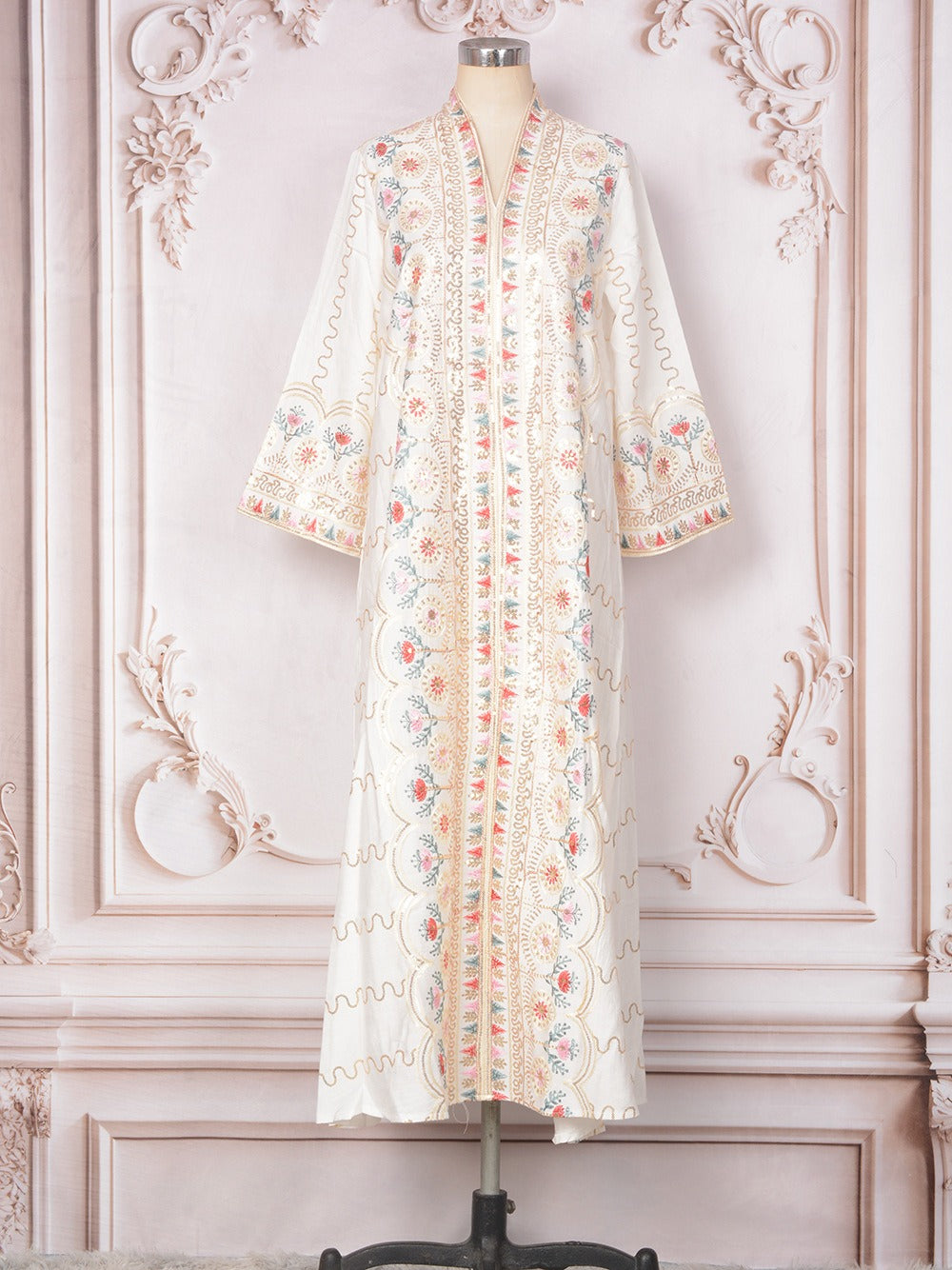 MH132 Sequin Embroidered Abaya Dress – Elegant V Neck Modest Maxi Kaftan for Muslim Women