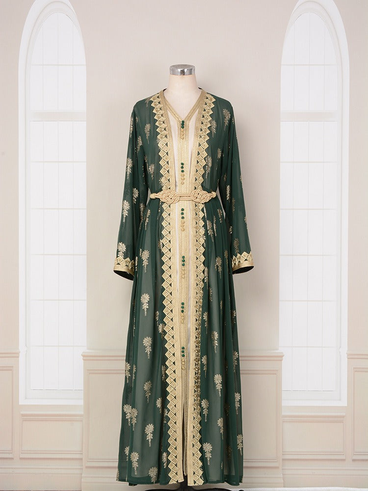 MH127 Embroidered Two Piece Abaya Set – Luxury Open Front Cardigan Abaya Dress for Eid & Formal Wear