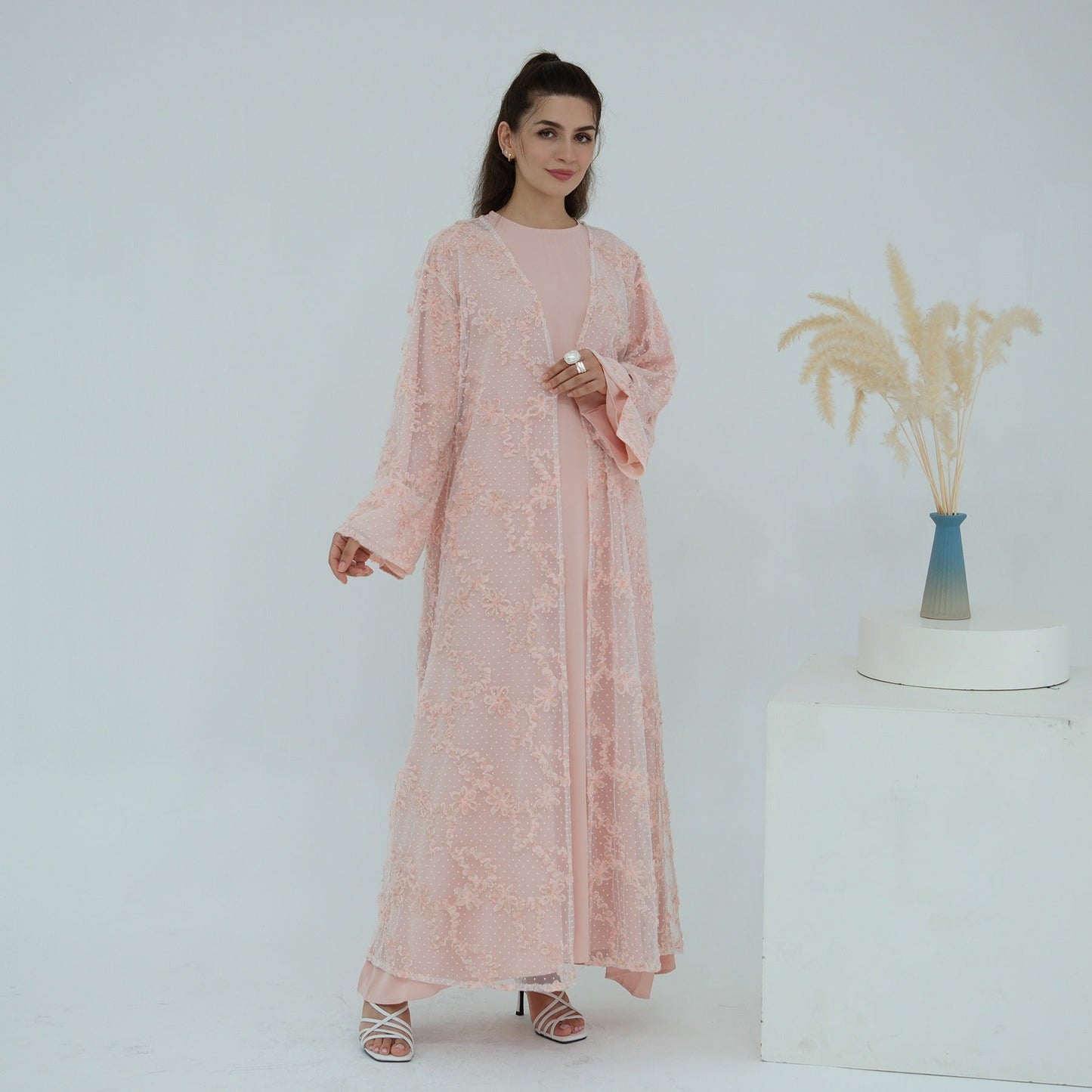 MH135 3D Floral Mesh Cardigan Abaya Set with Hijab – Elegant Modest Open Front Dress for Muslim Women