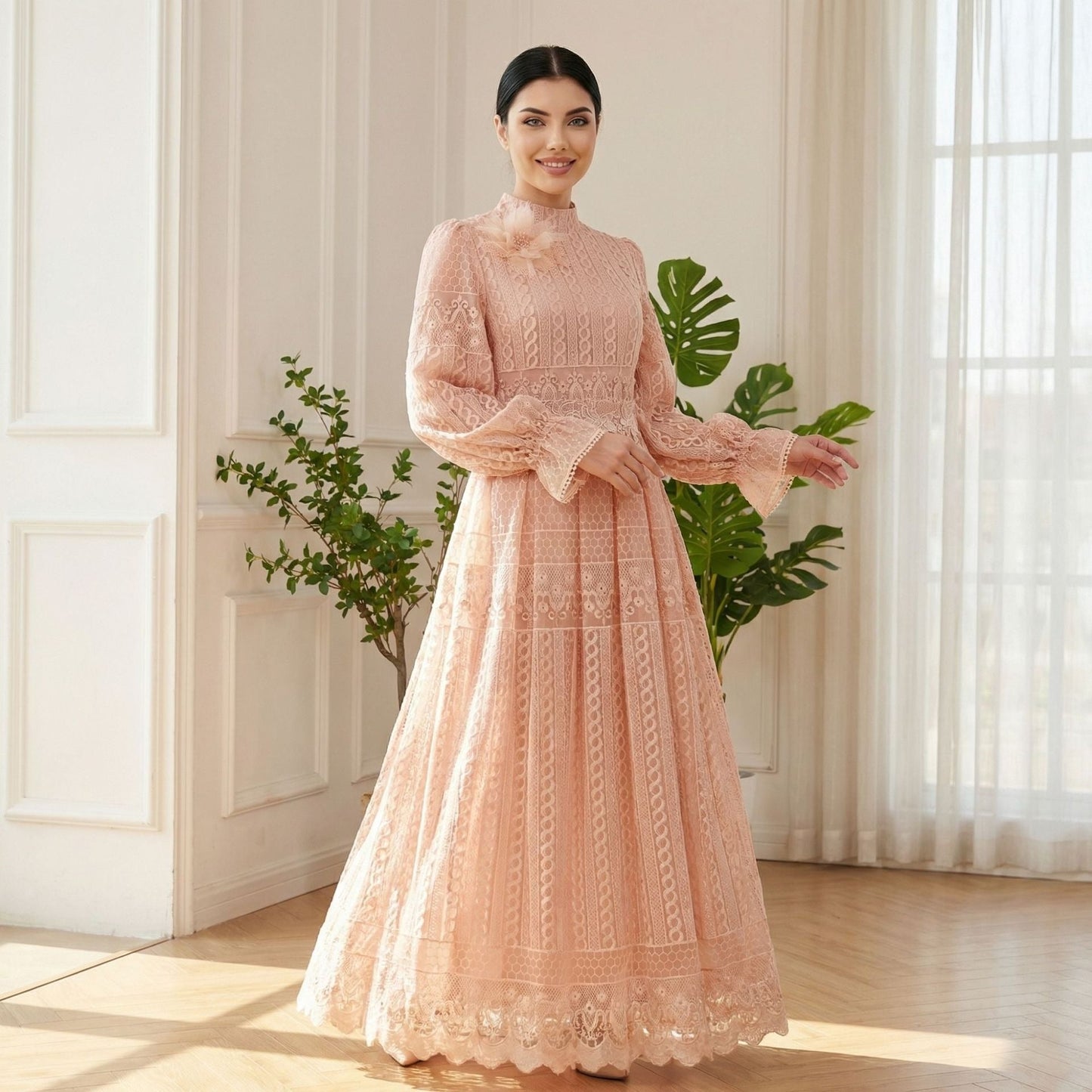 MH134 Elegant Embroidered Double Layer Abaya Dress – Luxury Modest Maxi Gown for Muslim Women