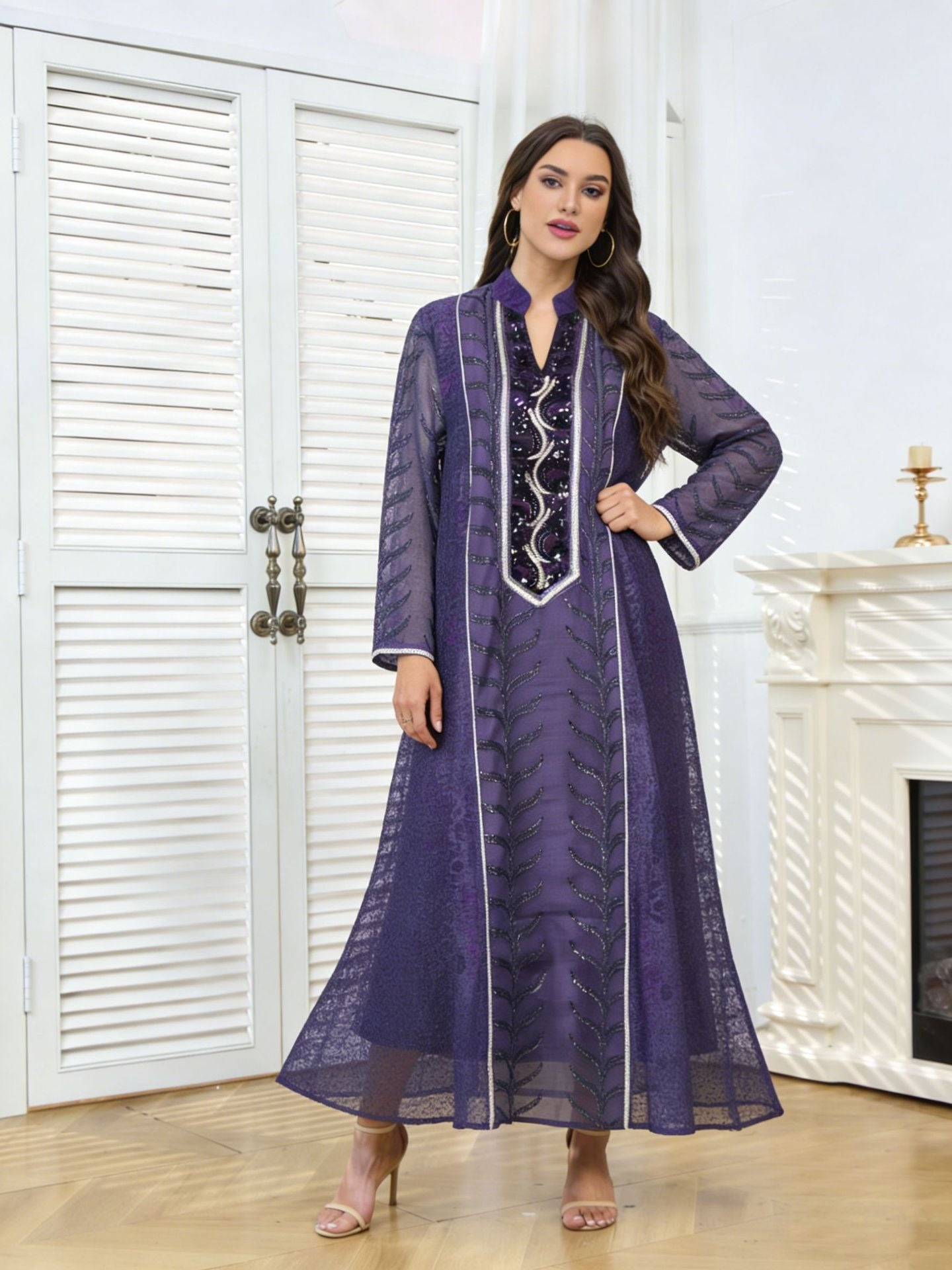 MH129 Beaded Embroidered Abaya Set – Elegant Mesh Modest Eid Dress for Muslim Women
