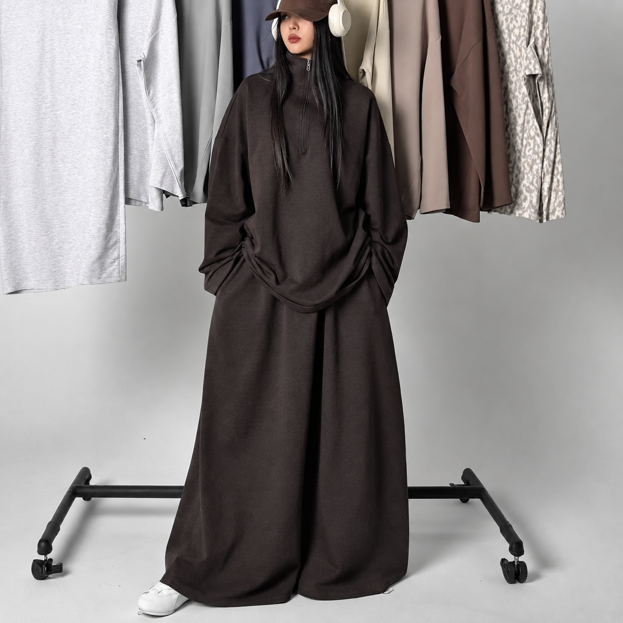MH126 Modest Half-Zip Top and Maxi Skirt Set – Loose Casual Two Piece Outfit