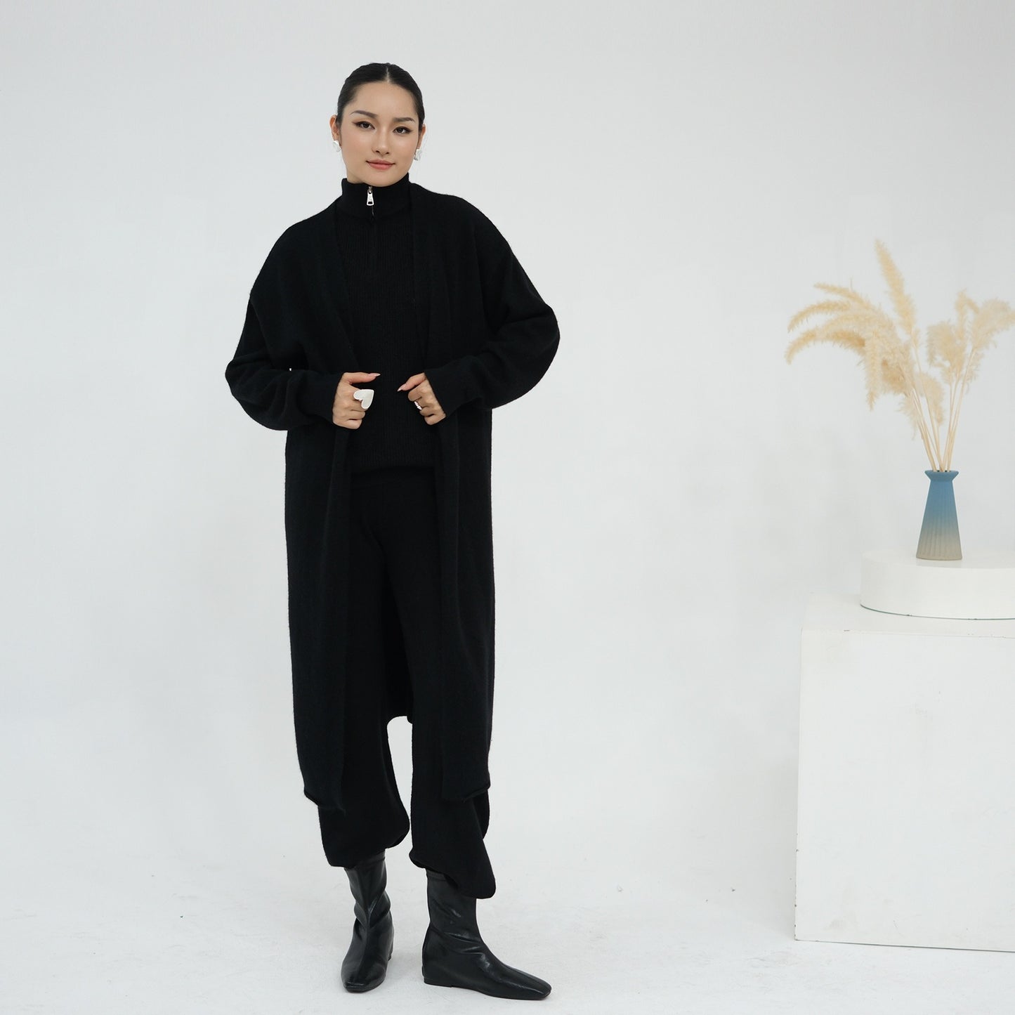 MH73 Muslim Women Winter Knit Abaya Set – 3-Piece Cardigan, Vest & Pants