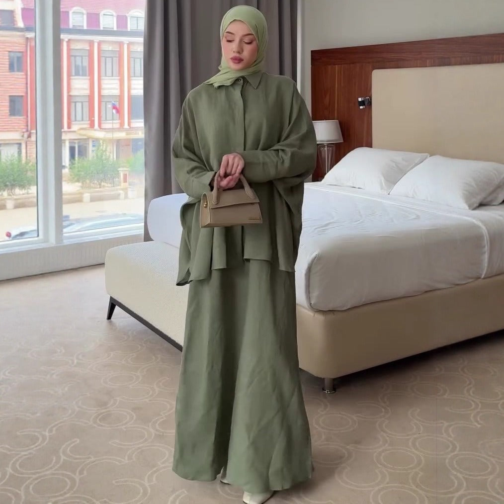 | Retro Lapel Cardigan Shirt & Long Skirt Set | Loose Modest | model wearing | Maha The Label modest fashion outfit