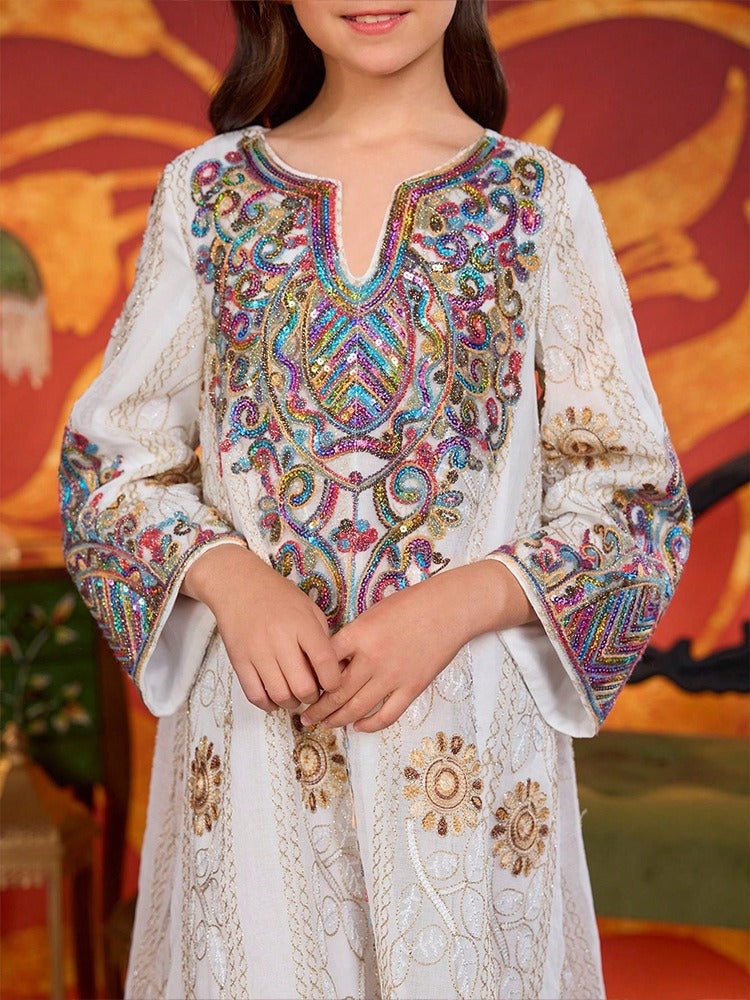 LM138 Girls Heavy Embroidery Maxi Dress – Elegant Modest Party Dress for Girls Ages 8–12