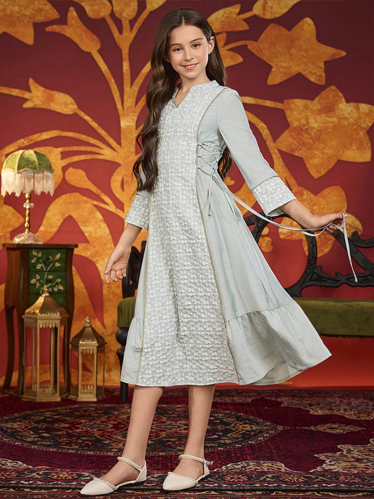 MH140 Girls Jacquard Ethnic Style Dress – Loose Modest Casual Dress for Girls Ages 8–12