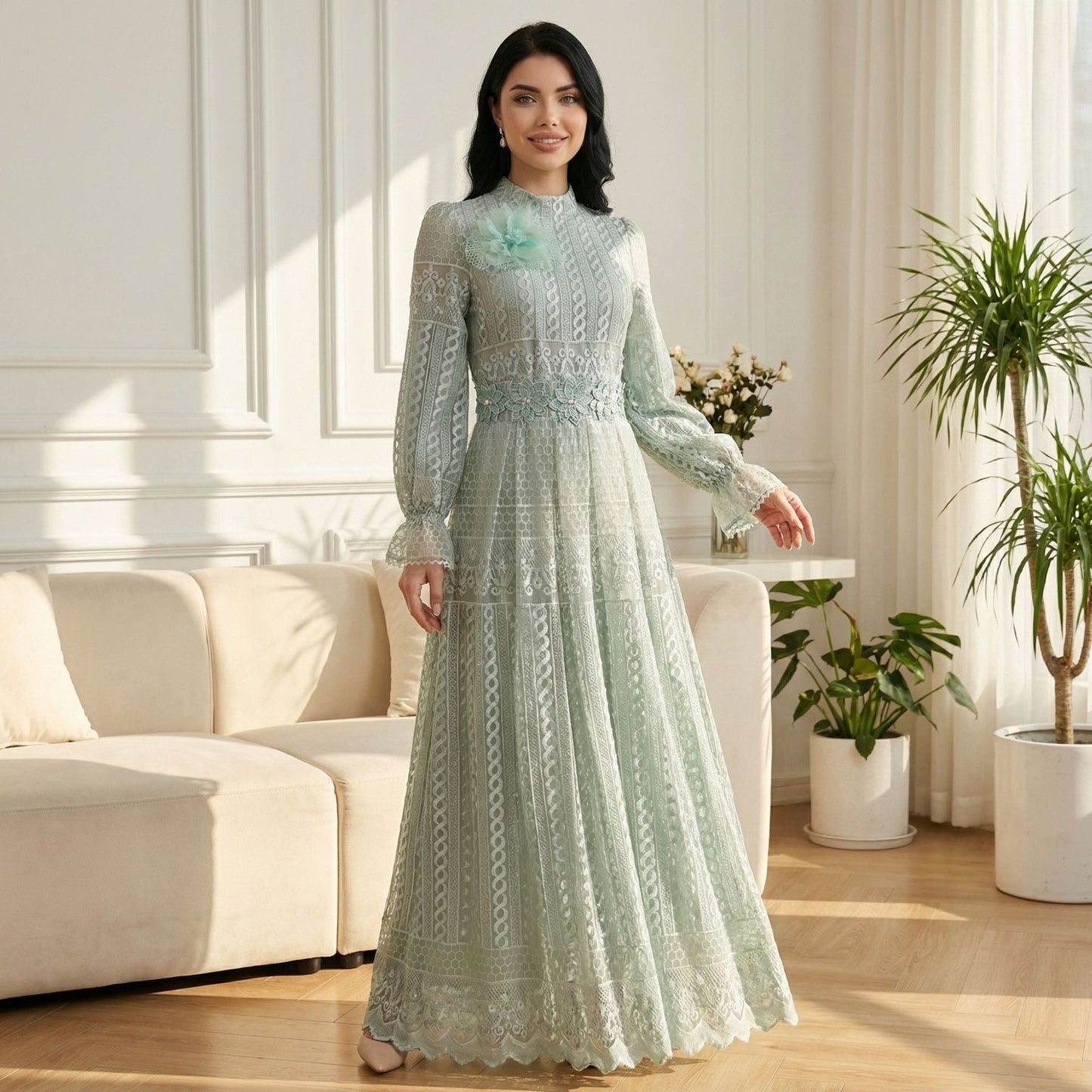 MH134 Elegant Embroidered Double Layer Abaya Dress – Luxury Modest Maxi Gown for Muslim Women
