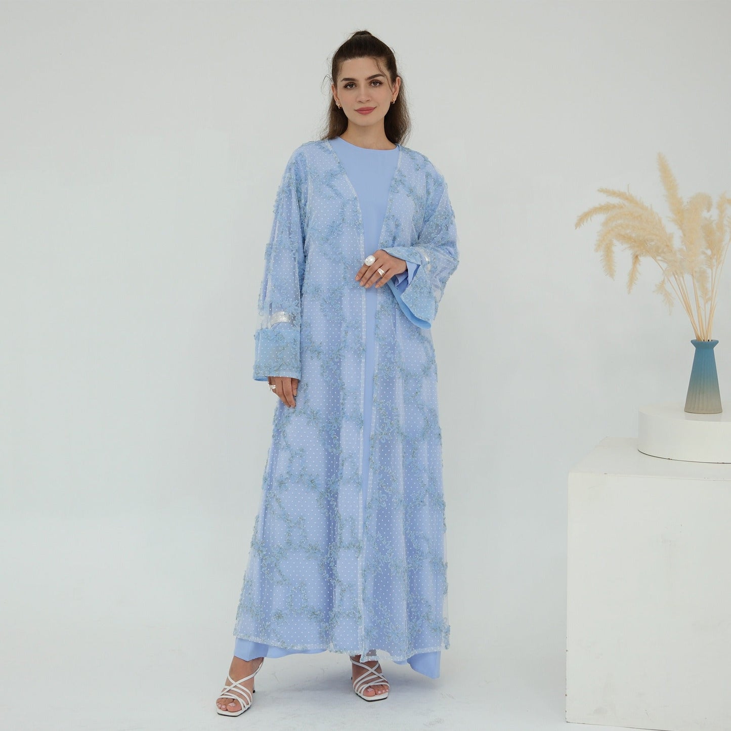 MH135 3D Floral Mesh Cardigan Abaya Set with Hijab – Elegant Modest Open Front Dress for Muslim Women