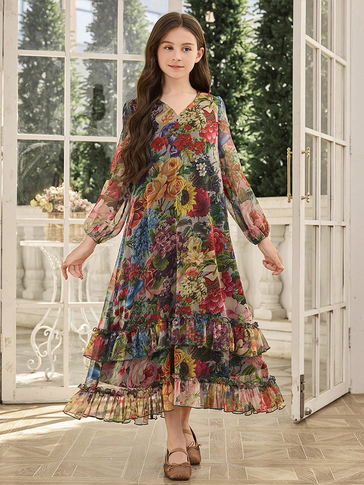 MH136 Girls Floral Print Chiffon Maxi Dress – Lantern Sleeve Modest Dress for Girls Ages 8–12