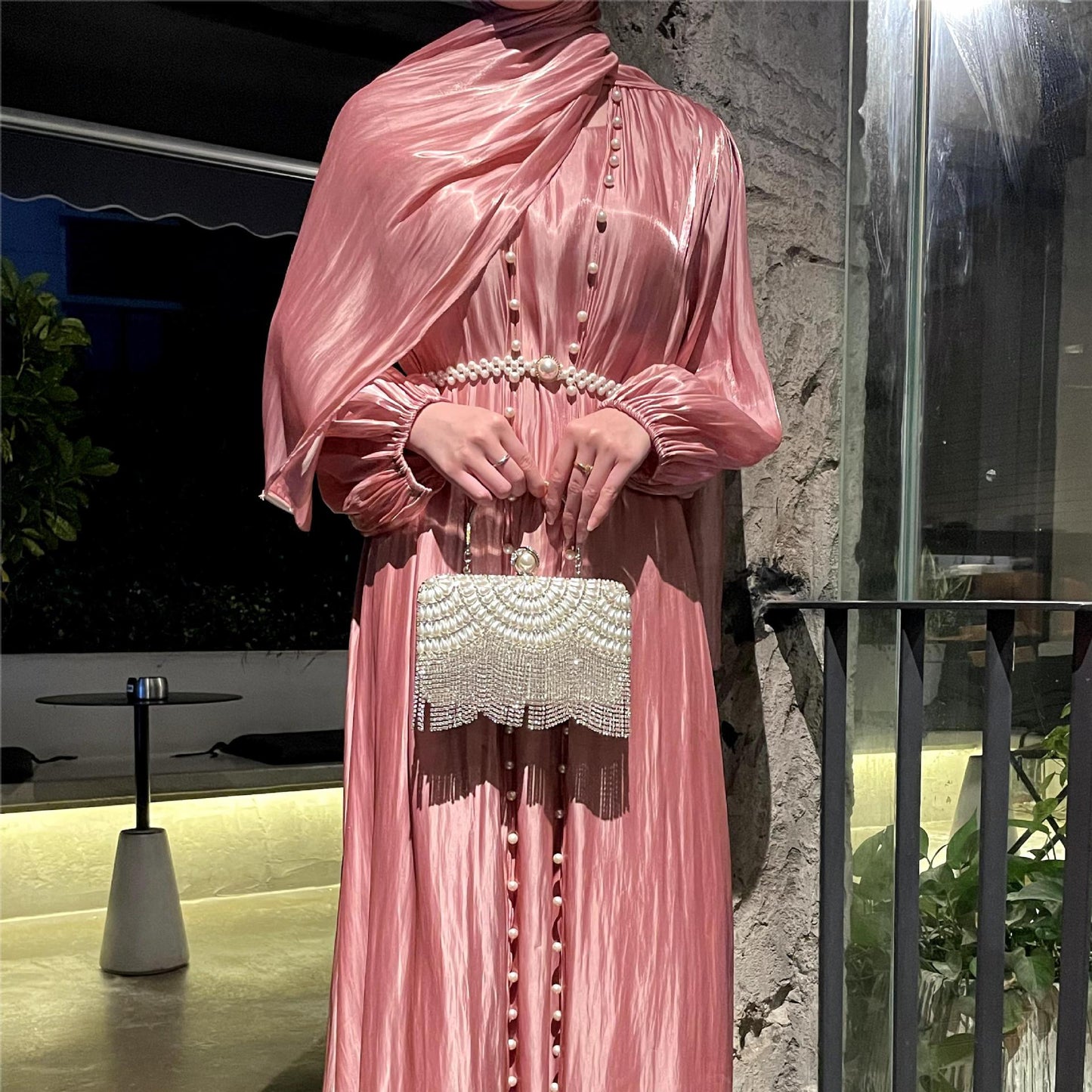 MH120 | Silk Chiffon Modest Set with Hijab, Inner & Outer Skirt + Pearl Belt | ⚠️ Transparent Sleeves