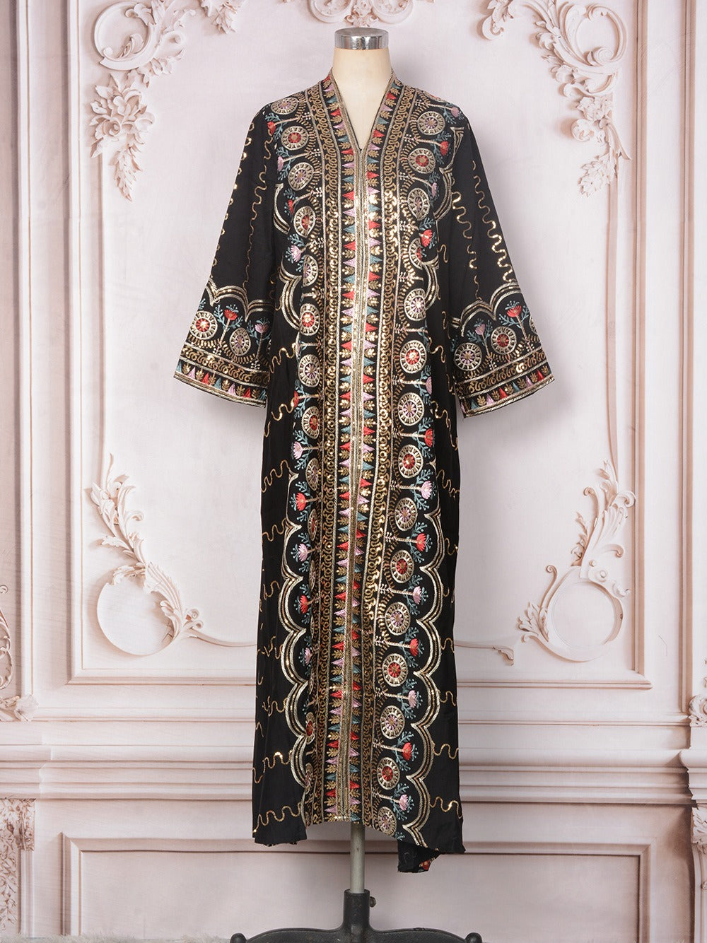 MH132 Sequin Embroidered Abaya Dress – Elegant V Neck Modest Maxi Kaftan for Muslim Women