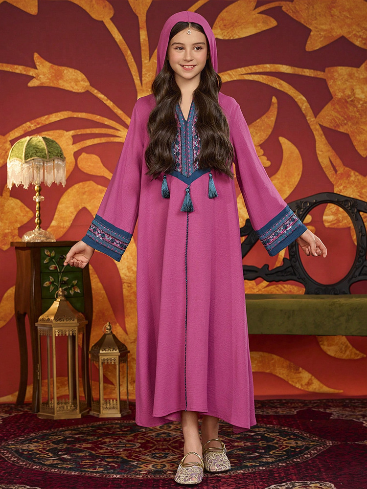 MH137 Girls Hooded Embroidery Maxi Dress – Tassel Trim Modest Eid Dress for Girls Ages 8–12