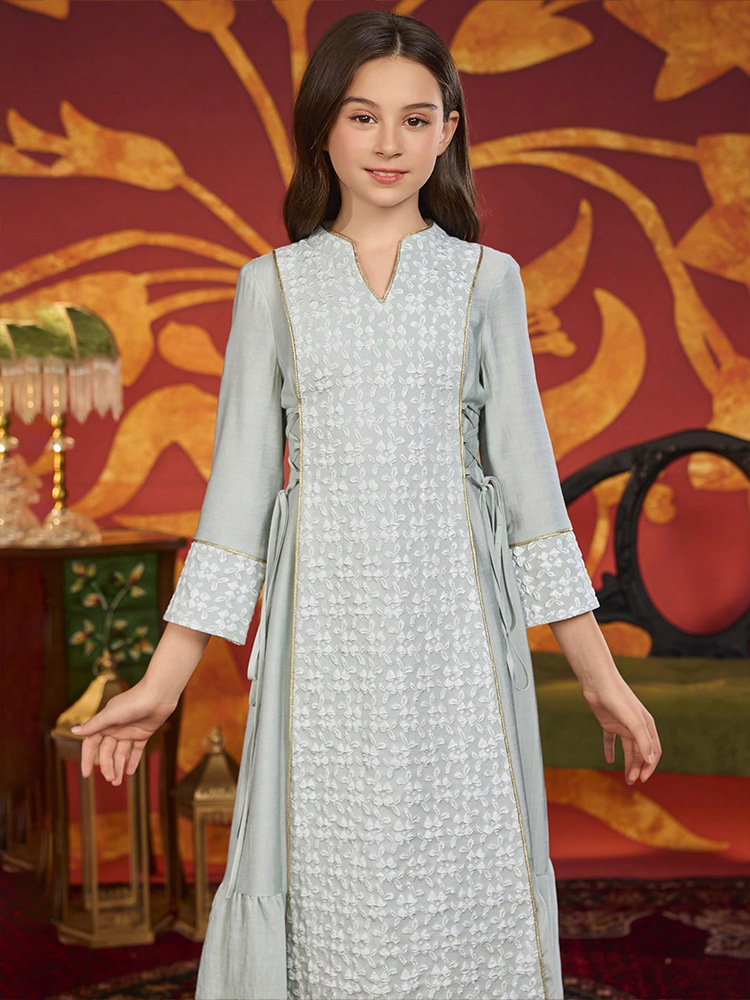 MH140 Girls Jacquard Ethnic Style Dress – Loose Modest Casual Dress for Girls Ages 8–12