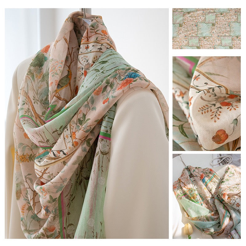 Spring Green Branches Mulberry Silk Scarf - Luxury Print Shawl | Premium Gift