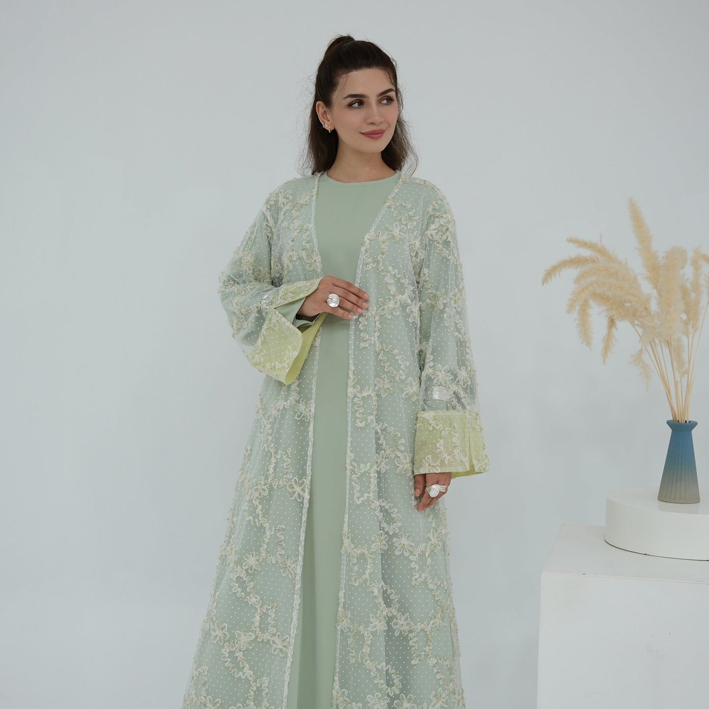 MH135 3D Floral Mesh Cardigan Abaya Set with Hijab – Elegant Modest Open Front Dress for Muslim Women