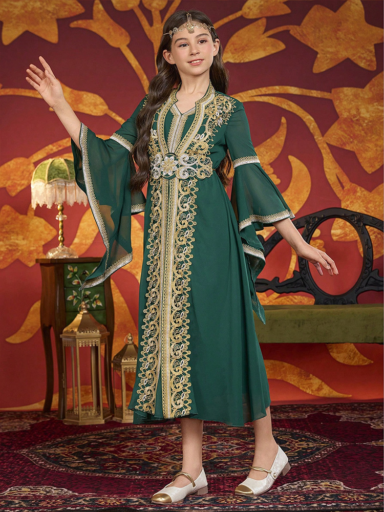 MH141 Girls Chiffon Maxi Dress with Flare Sleeves – Modest Festival Dress for Girls Ages 8–12