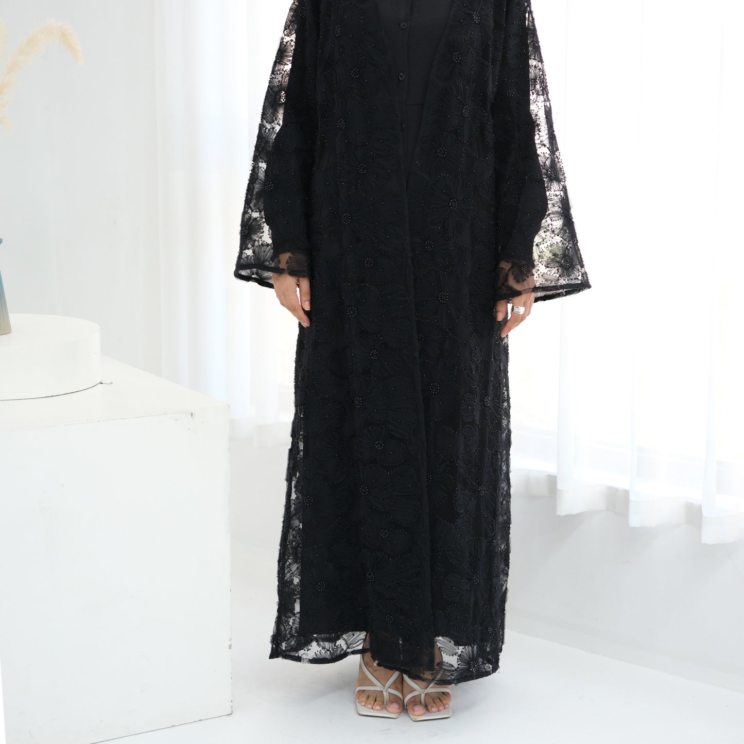 MH90 Beaded Lace Abaya Set – Embroidered Open Abaya, Optional Hijab & Inner Dress