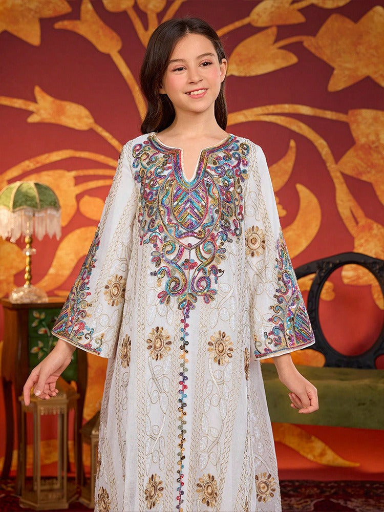 LM138 Girls Heavy Embroidery Maxi Dress – Elegant Modest Party Dress for Girls Ages 8–12